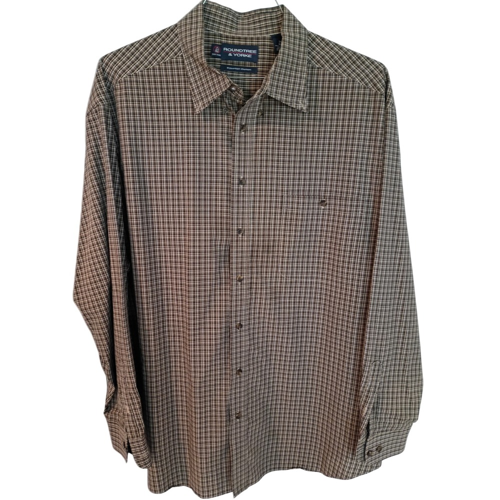 Roundtree & Yorke Mens Egyptian Cotton Plaid Button Down Shirt Brown 2XL BIG